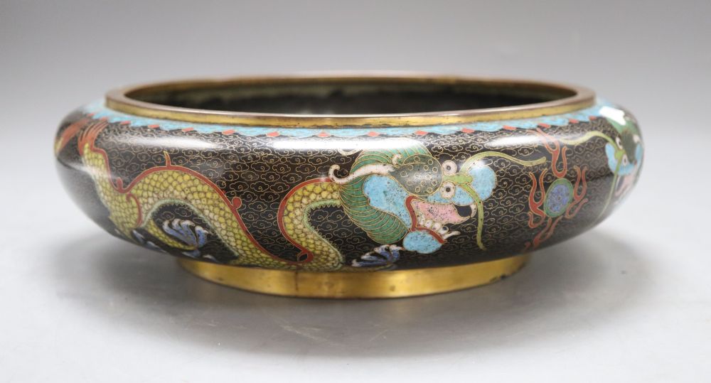 A large Chinese cloisonne enamel dragon bowl, Ming mark, 1920s, diameter 27cm
